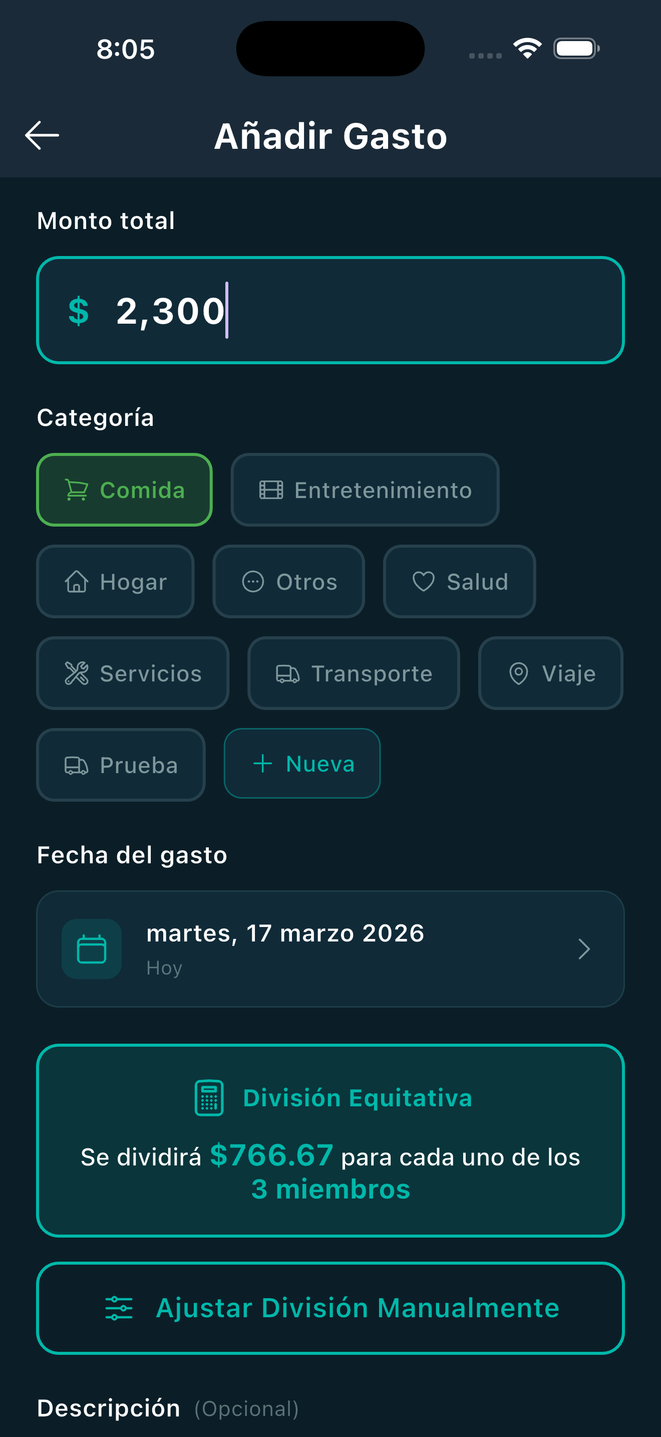 Vista previa de la app — división de gastos